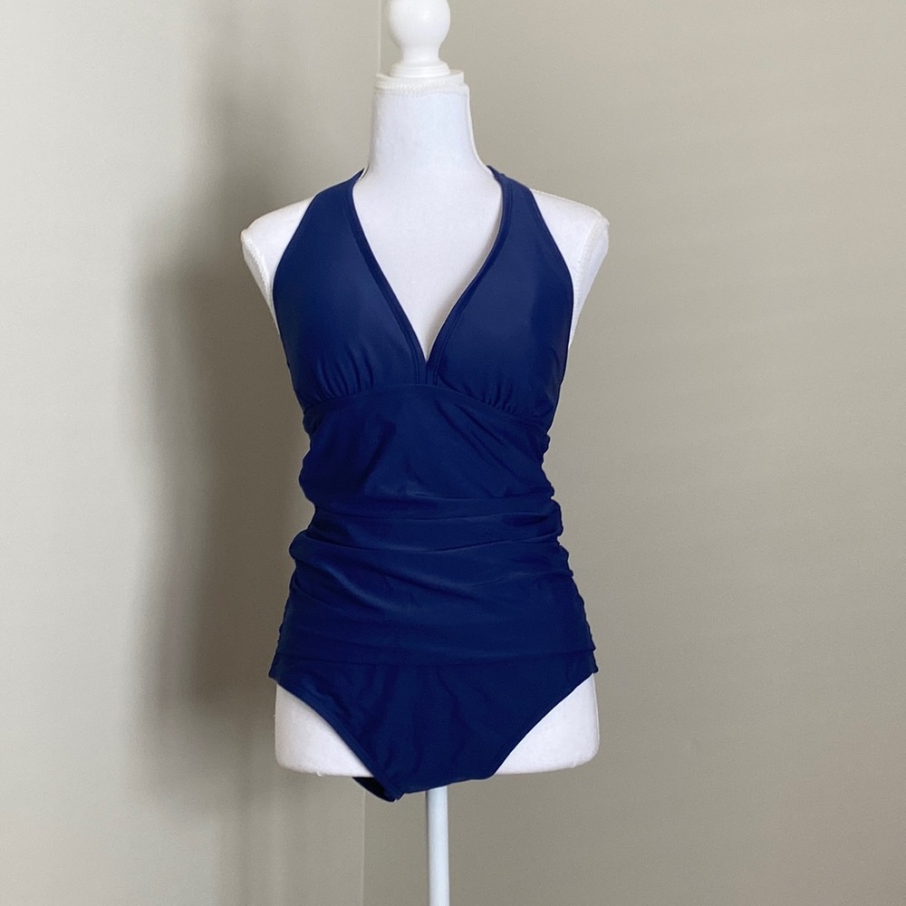 Halter-Neck Navy Blue One-Piece Swimsuit with Slimming Ruching